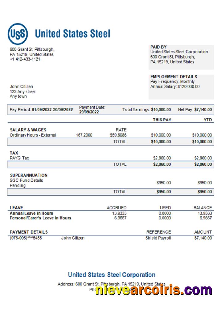 USA United States Steel Corporation steel production company pay stub